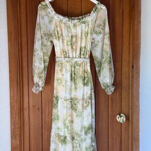 Green & White Floral off the Shoulder Maxi Dress